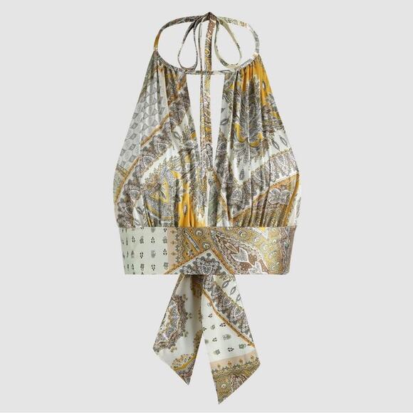 Cider Boho Paisley Backless Tank Top halter and pants set high waisted wide leg - Picture 11 of 14